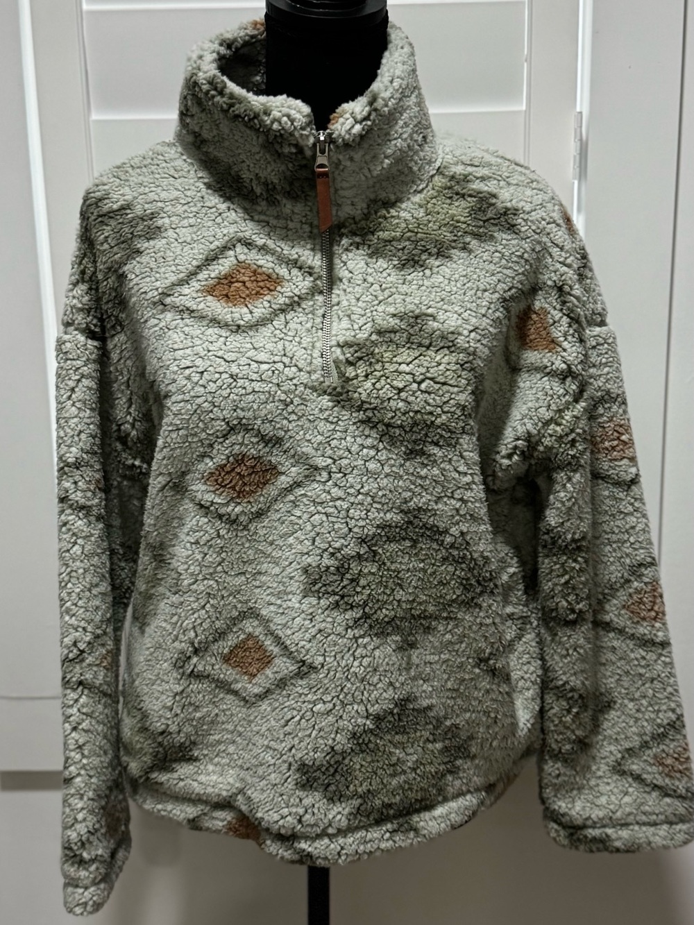Thread & Supply Sage Sherpa Quarter-Zip Pullover with Tan Accents